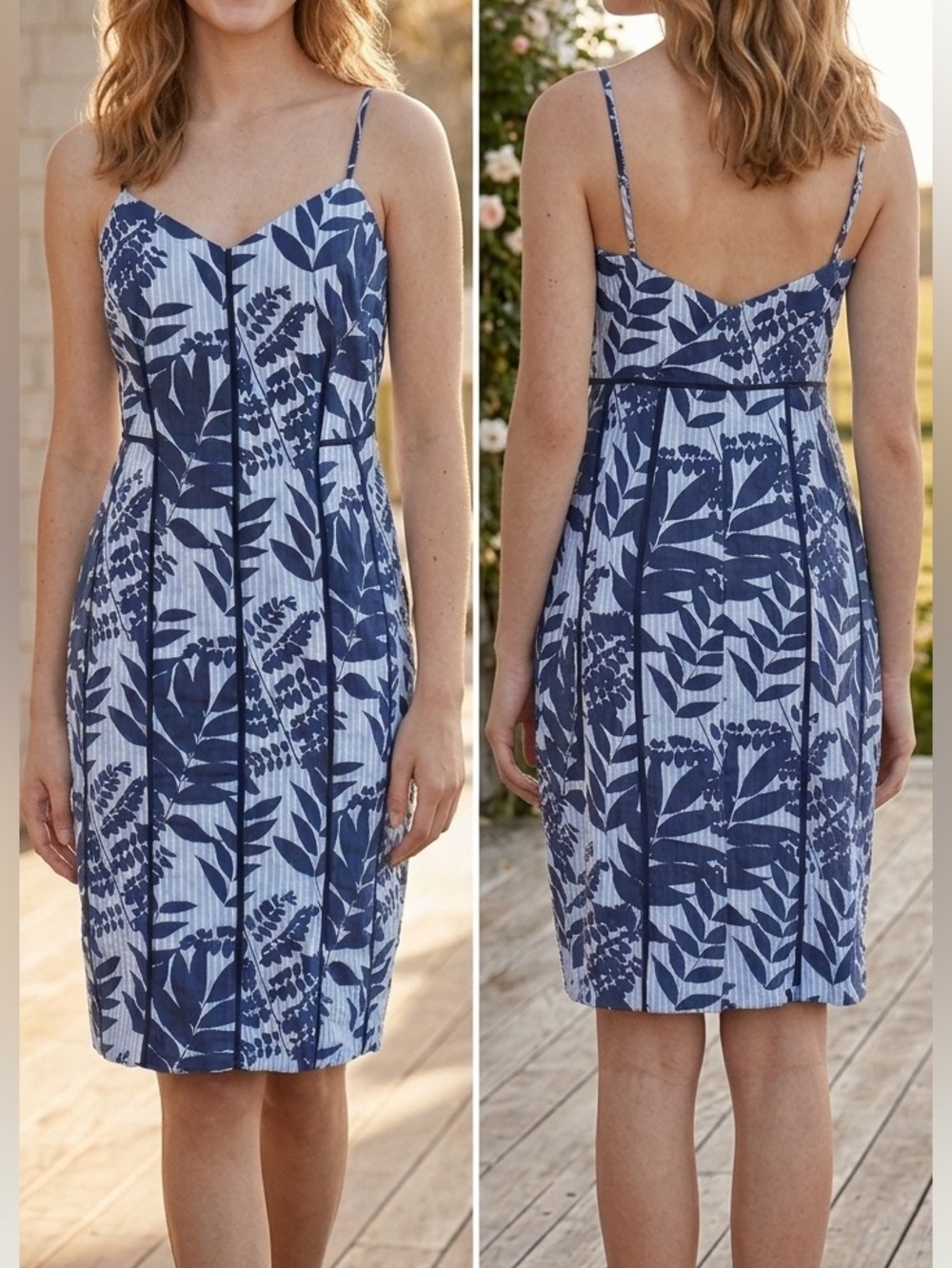 Banana Republic Blue Striped Leaf Floral Ladder Trim Spaghetti Dress Size 10